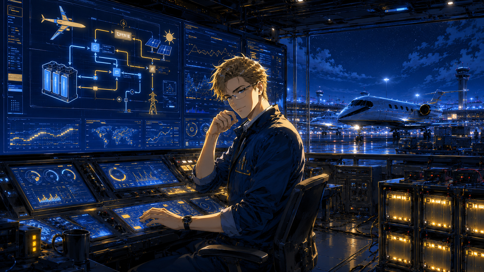 Airport microgrid control room in manga style