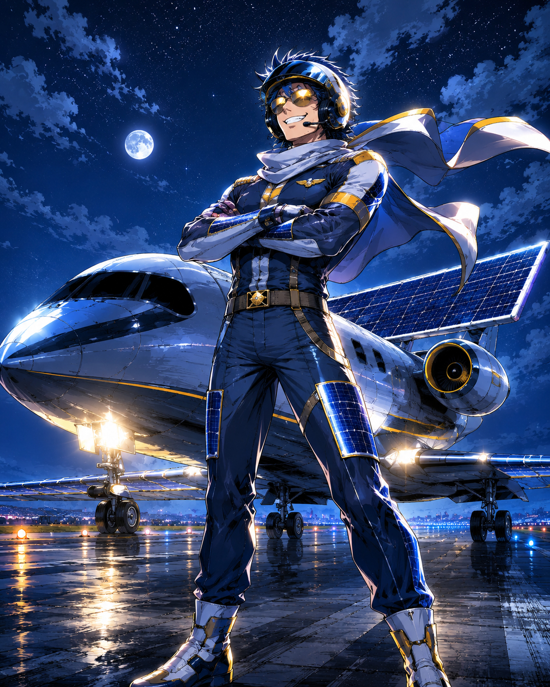 Captain SolarJet standing heroically in front of a solar jet at night