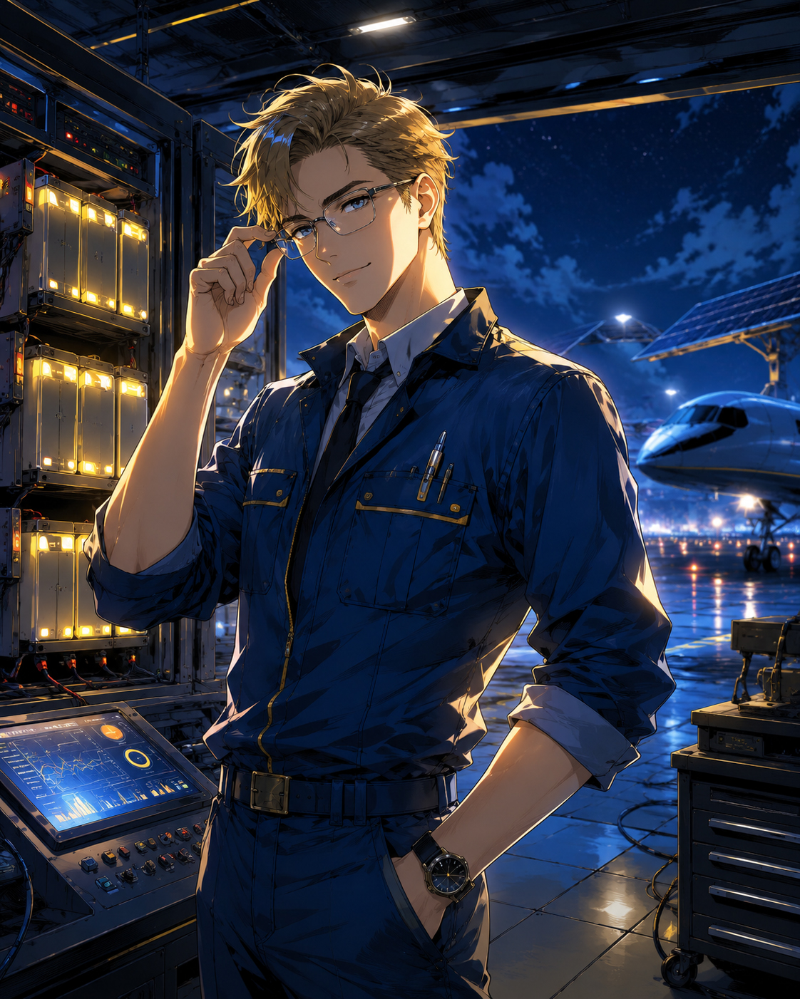 Chief Battery engineer standing beside glowing airport battery cabinets