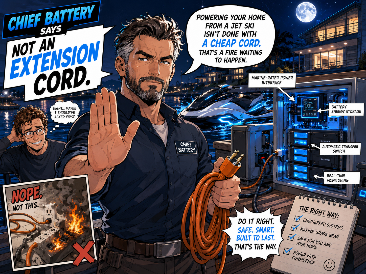 Chief Battery warning that an electric Jet Ski should not be connected to a home with an extension cord