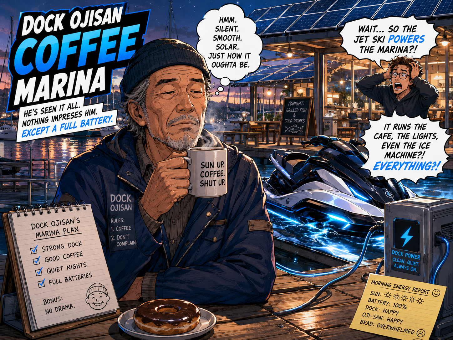 Dock Ojisan drinking coffee at a solar marina with electric Jet Ski charging