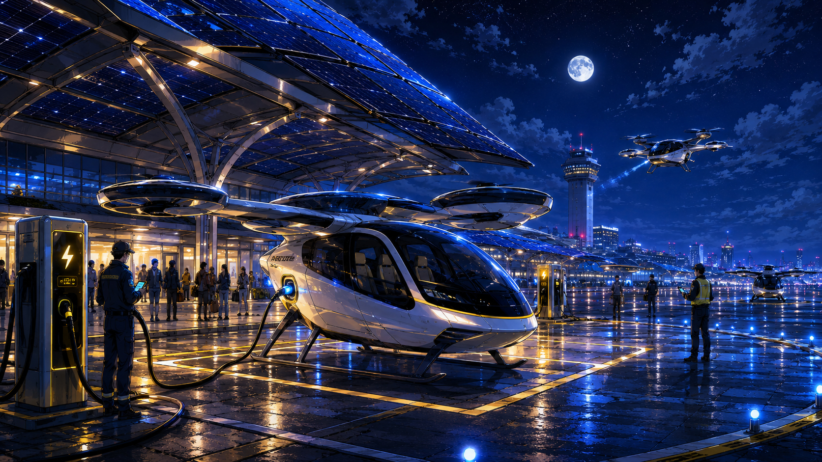 Electric air taxi charging under solar canopies at a futuristic airport