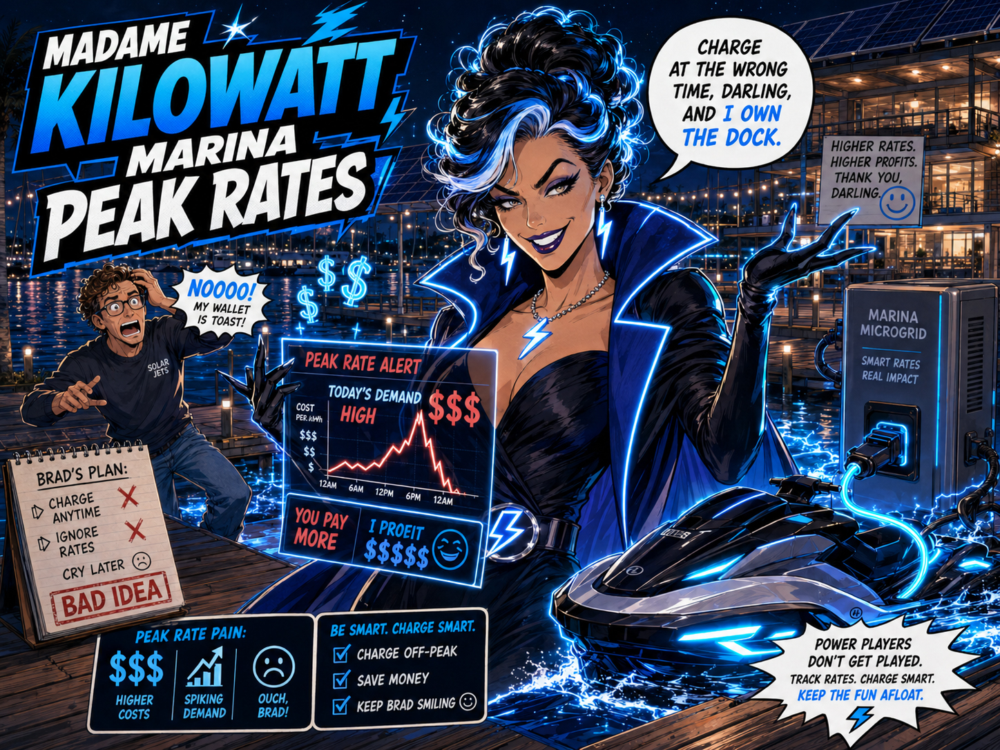Madame Kilowatt at the marina with peak-rate charts and electric Jet Ski charging
