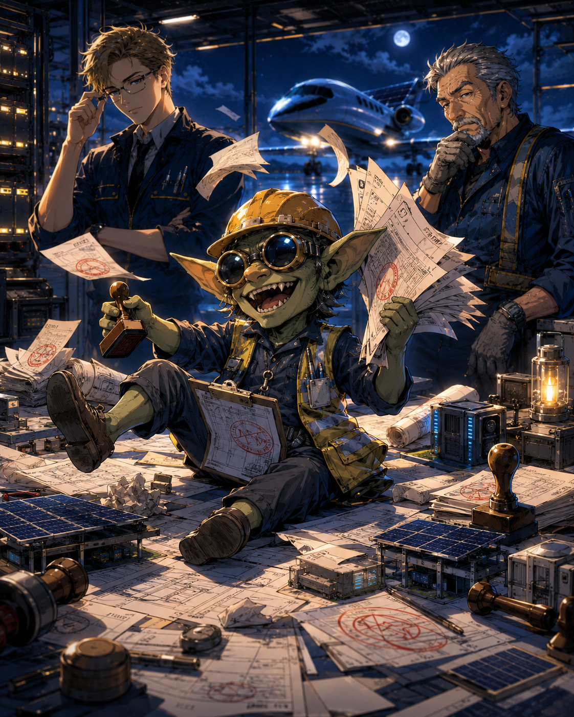 Permit Goblin sitting among airport solar plans and stamped paperwork