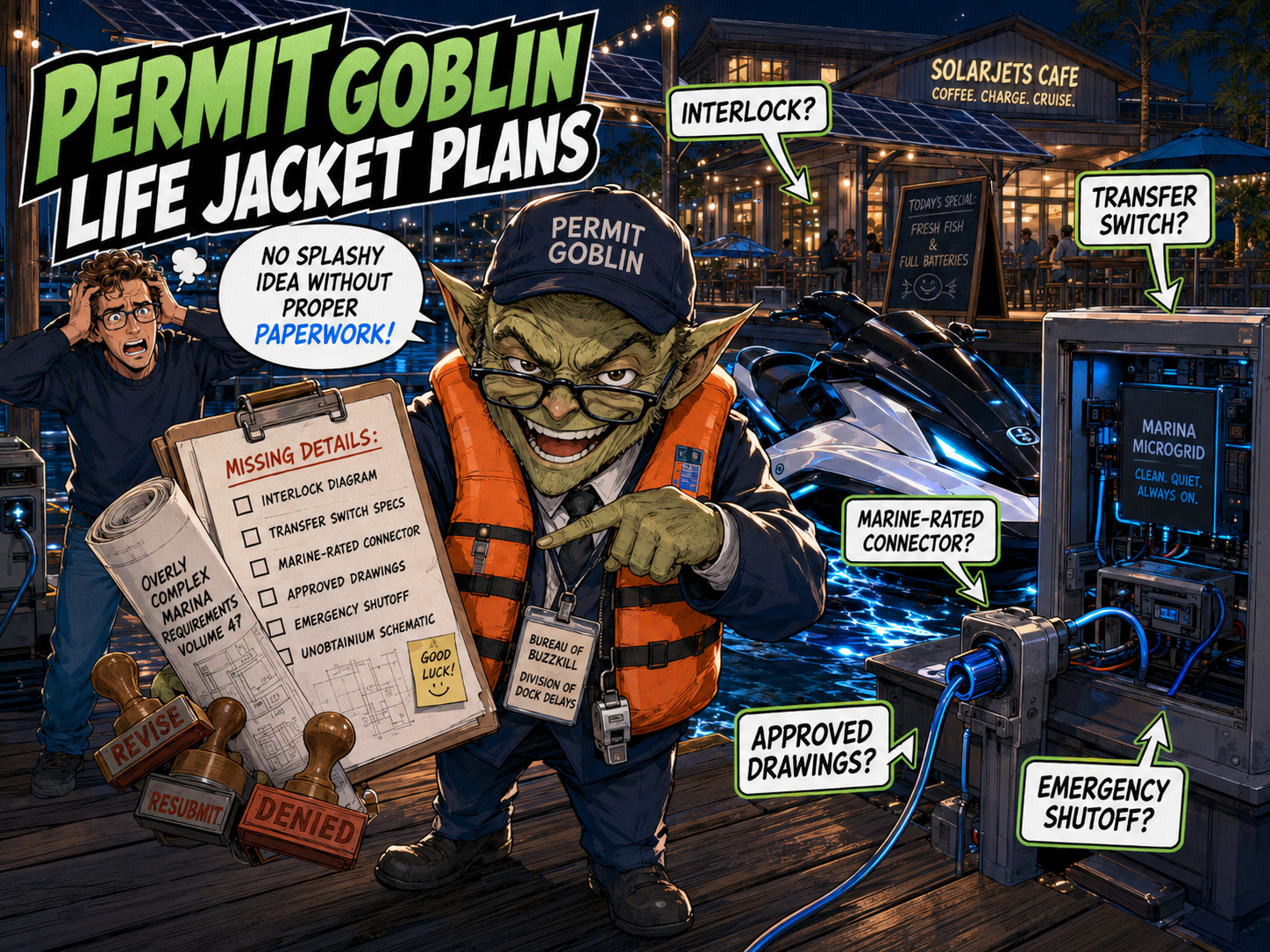 Permit Goblin in a life jacket holding marina power plans and paperwork