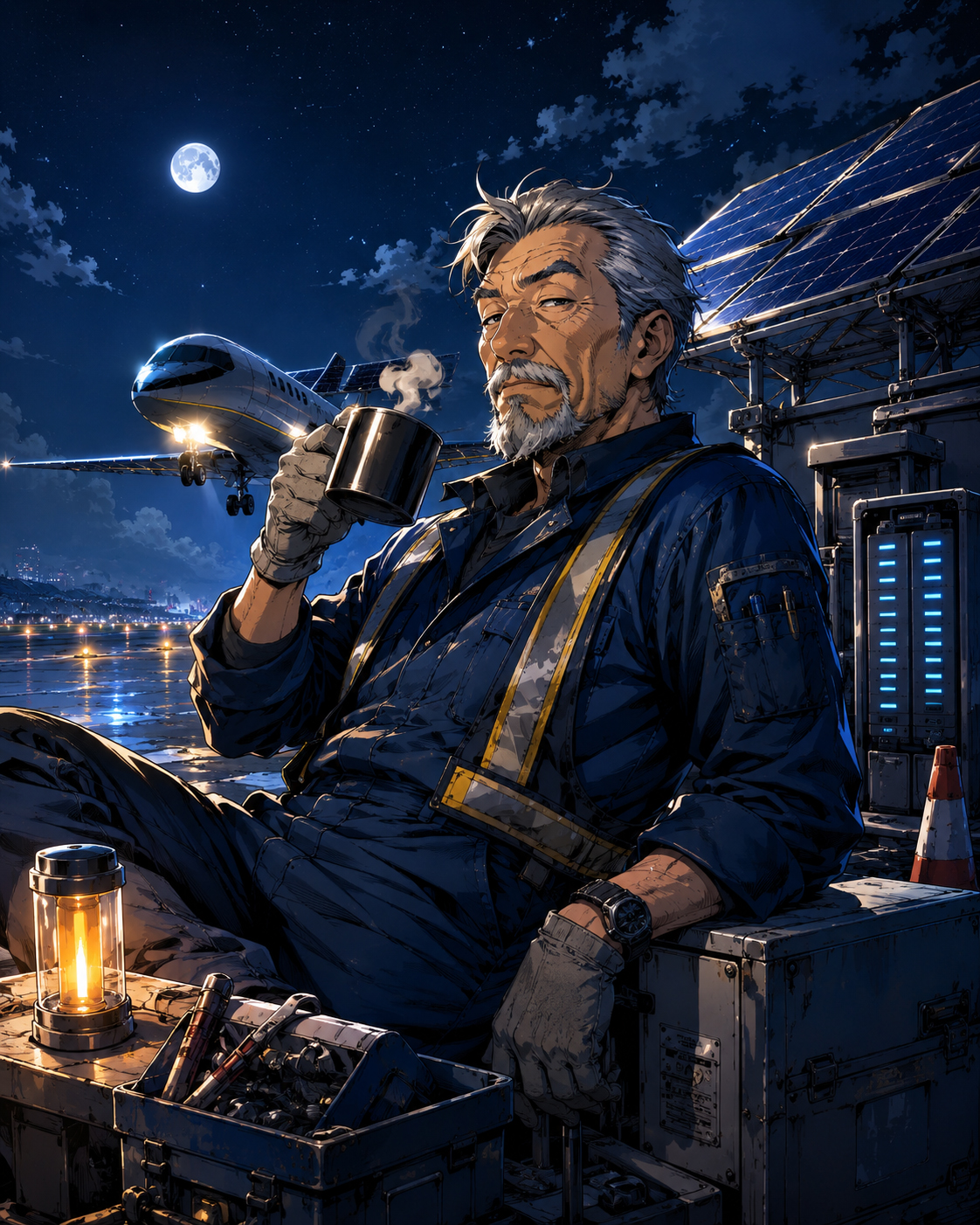 Runway Ojisan drinking coffee on a moonlit airport runway