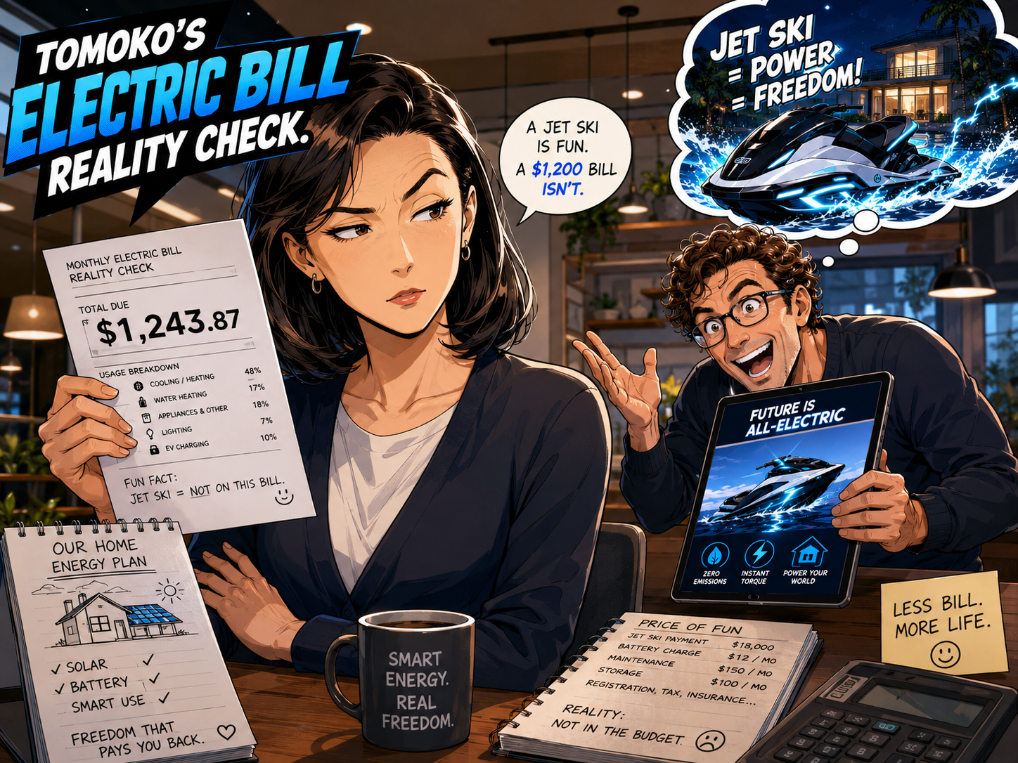 Tomoko holding the electric bill while Brad pitches an electric Jet Ski as a floating battery