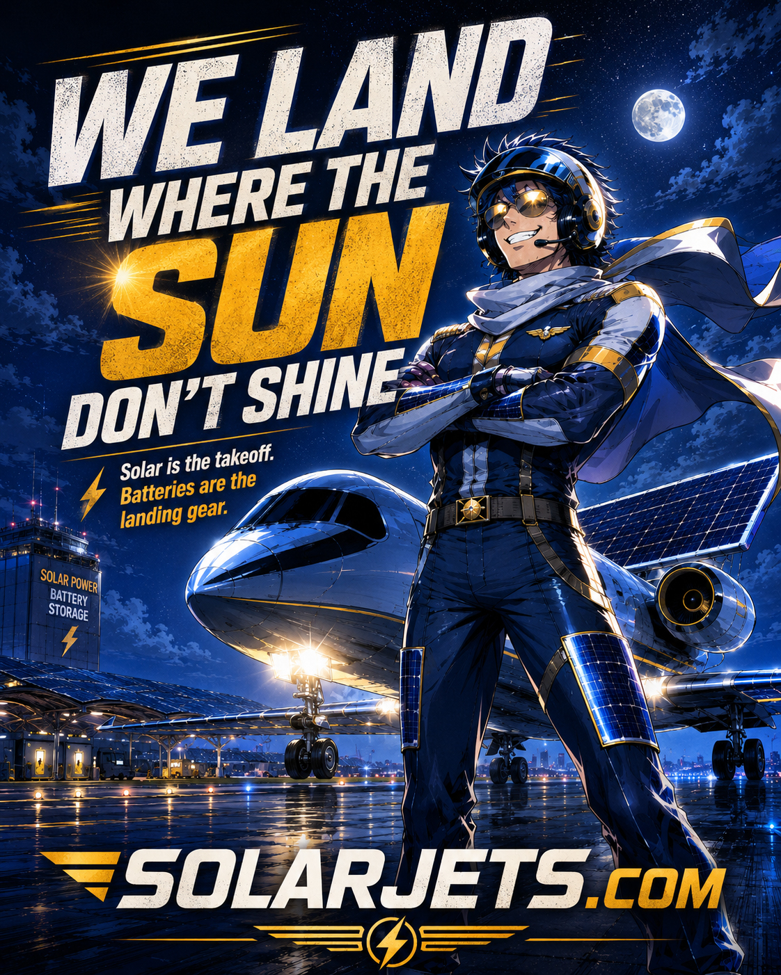 SolarJets poster with Captain SolarJet and the slogan We Land Where the Sun Don’t Shine